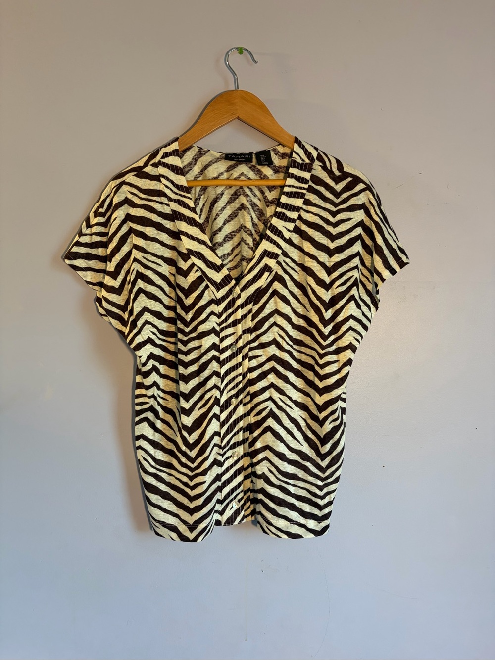 Tahari Black and Cream Zebra-Print V-Neck Blouse